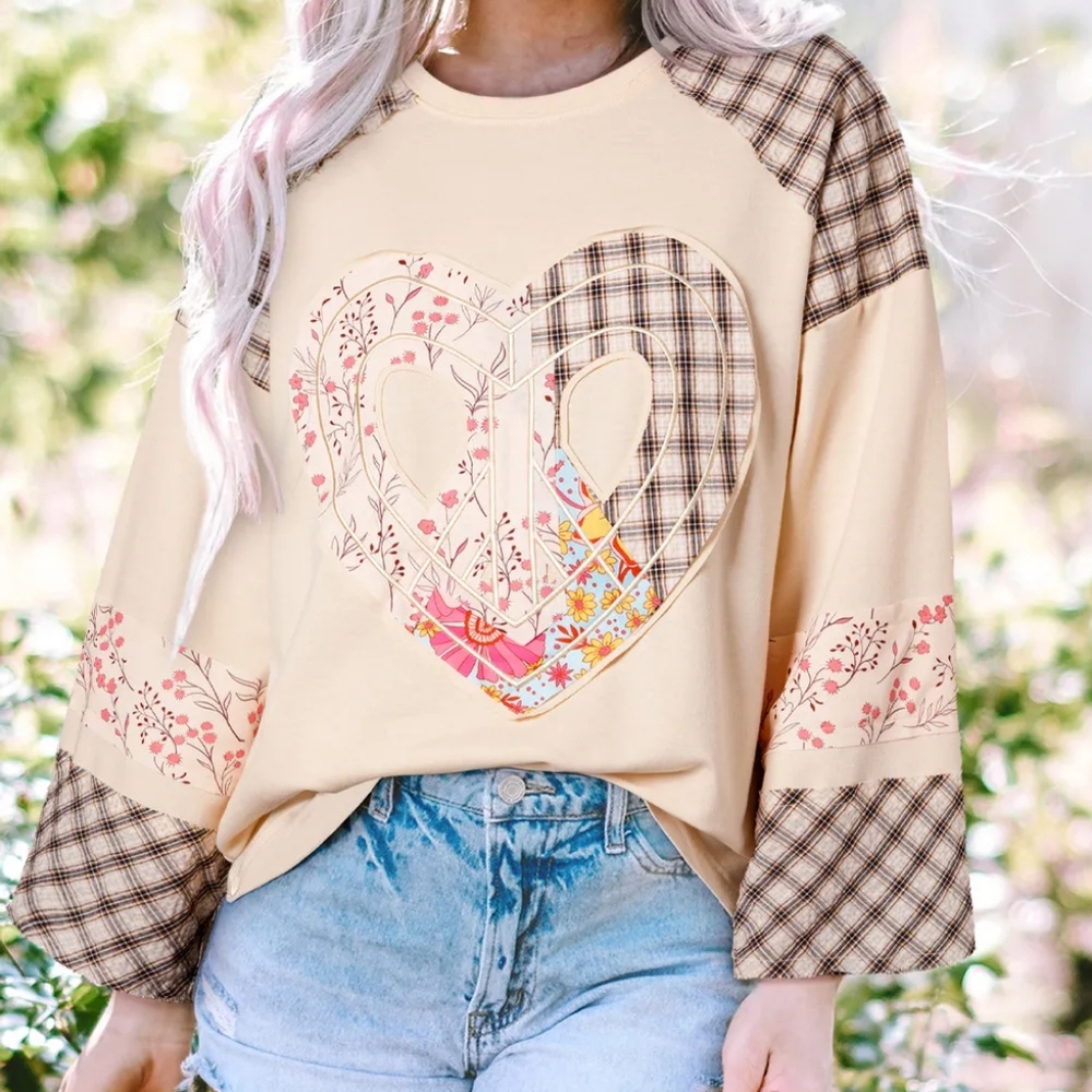 Peace Heart Plaid Floral Patchwork Blouse Long Sleeve Top Hippie Raw Boho Shirt